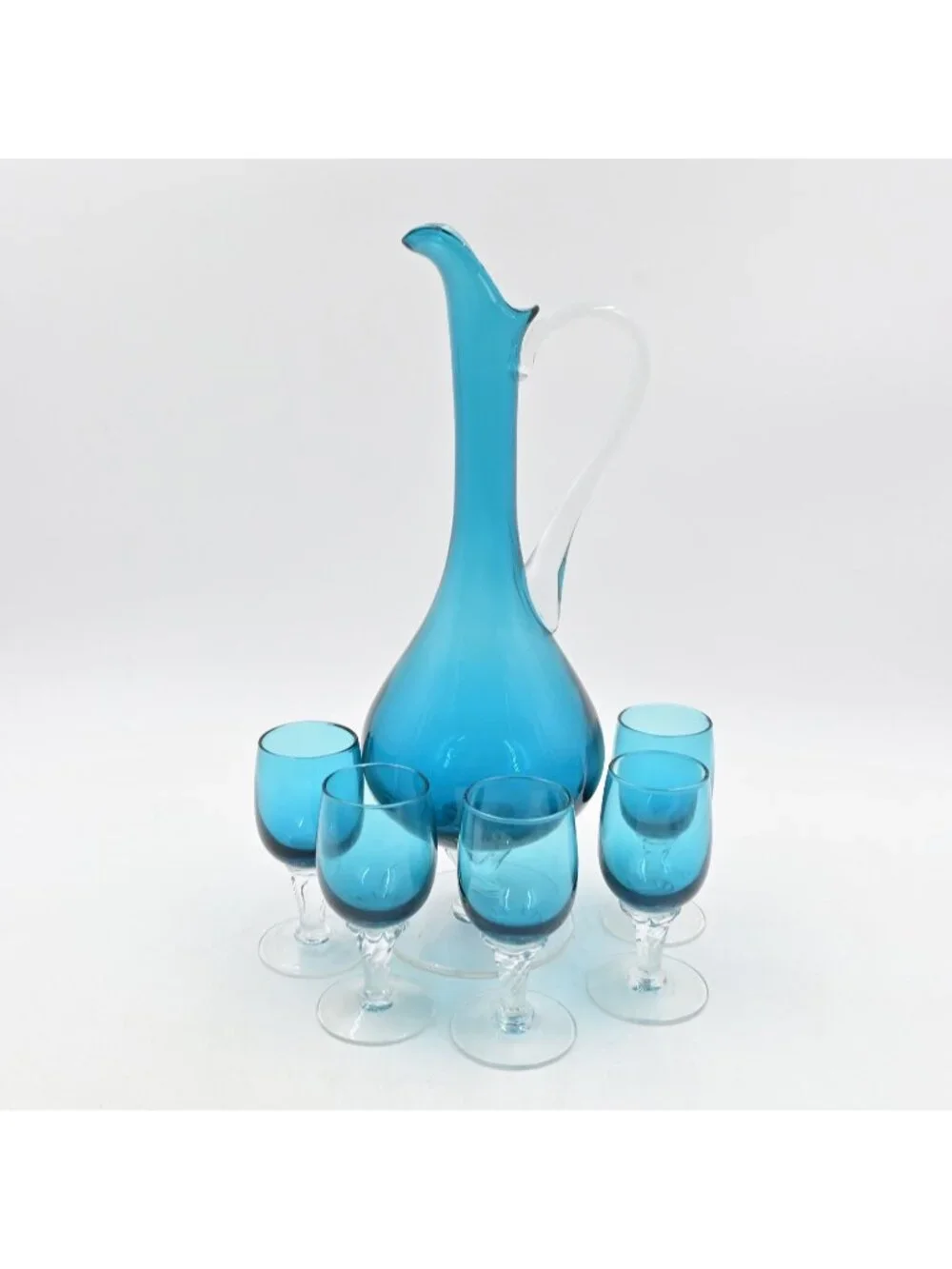 Empoli Italian Glass Decanter Pitcher Set 5 Swirl Stem Cordials